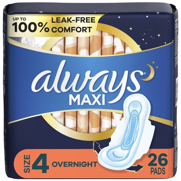 ALWAYS PADS #77160 26CTMAXI OVERNIGHT W/WINGS-SIZE 4 (SKU #62205)