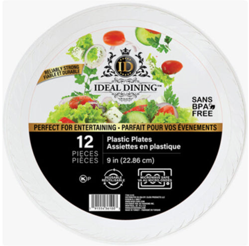 IDEAL DINING PLASTIC PLATE 9" 12CT WHITE (SKU